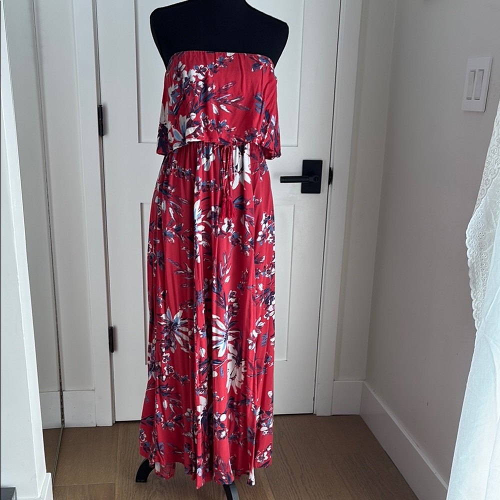 Floral Strapless Maxi Dress in Red